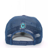 Rear detail of the trucker cap showing navy mesh and snap closure, featuring the 'C' logo in light blue and black above the snap closure arch.